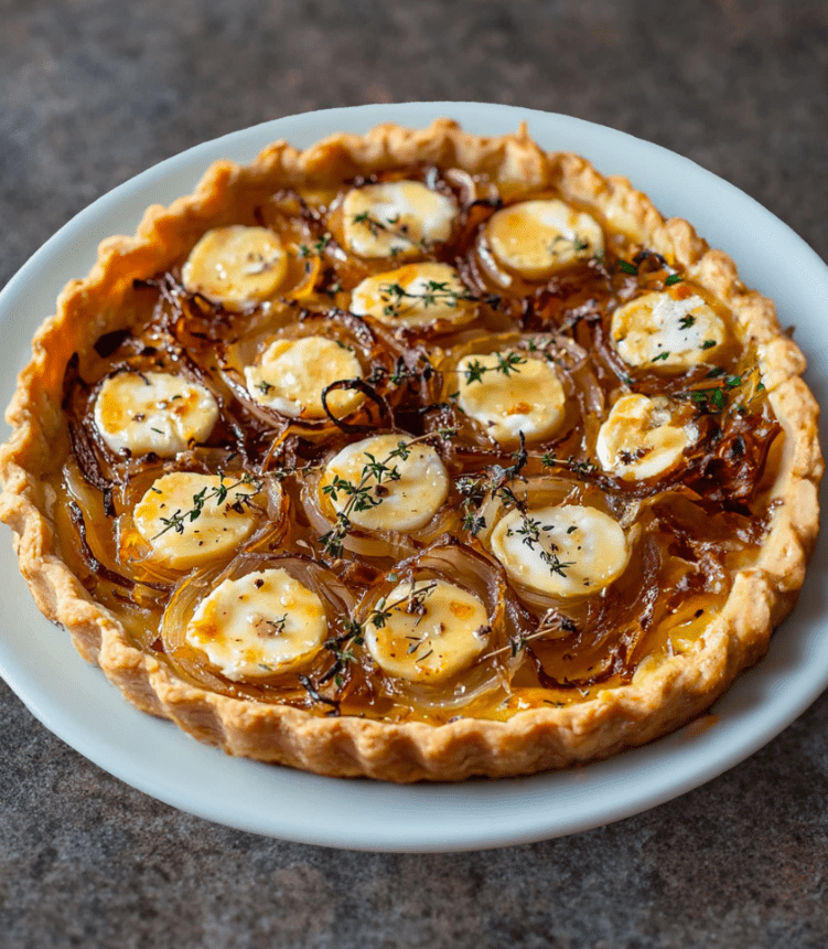 Crostata rustica con cipolle caramellate, formaggio di capra e miele