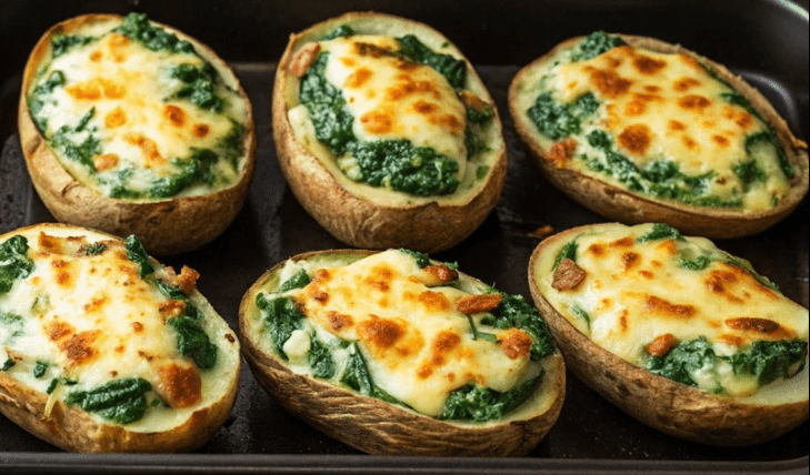 Patate al forno due volte ripiene di spinaci e formaggio